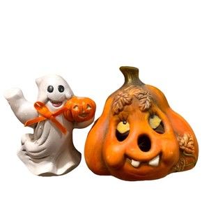 2 Vintage Ceramic Halloween Ghost & Silly Jack O’Lantern Figures Pumpkin Candle